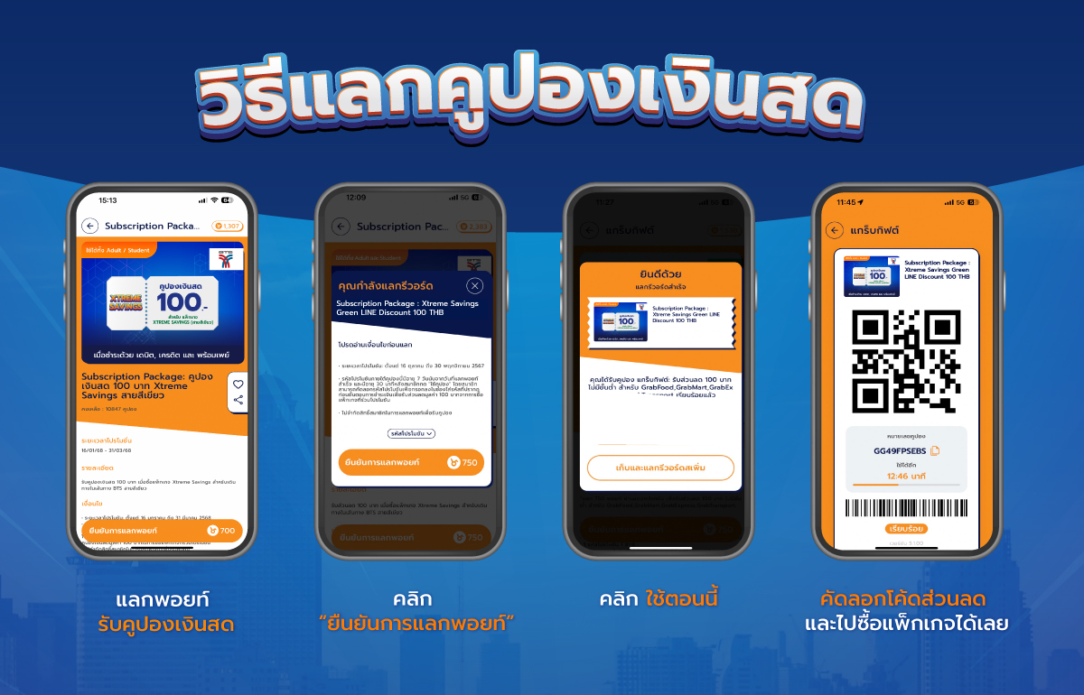 วิธีแลกรับคูปองเงินสด 1.แลกพอยท์รับคูปองเงินสด 2.คลิก 'ยืนยันการแลกพอยท์' 3.คลิก ใช้ตอนนี้ 4.คัดลอกโค้ดส่วนลด และไปซื้อแพ็กเกจได้เลย