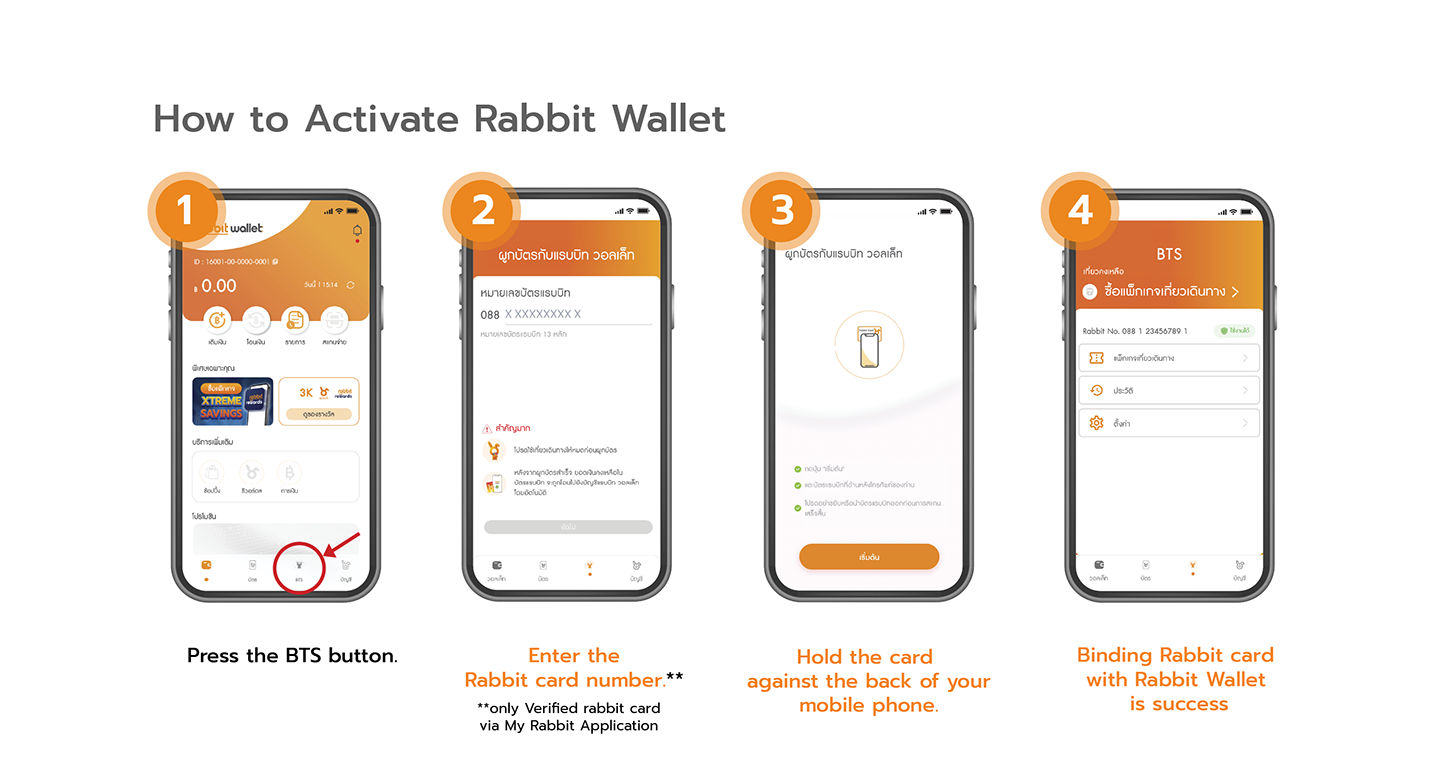 1. Click 'BTS' 2. Fill Rabbit Card number 3. Hold your Rabbit Card against the back of your phone 4. Bind Rabbit Card with Rabbit Wallet account successfully